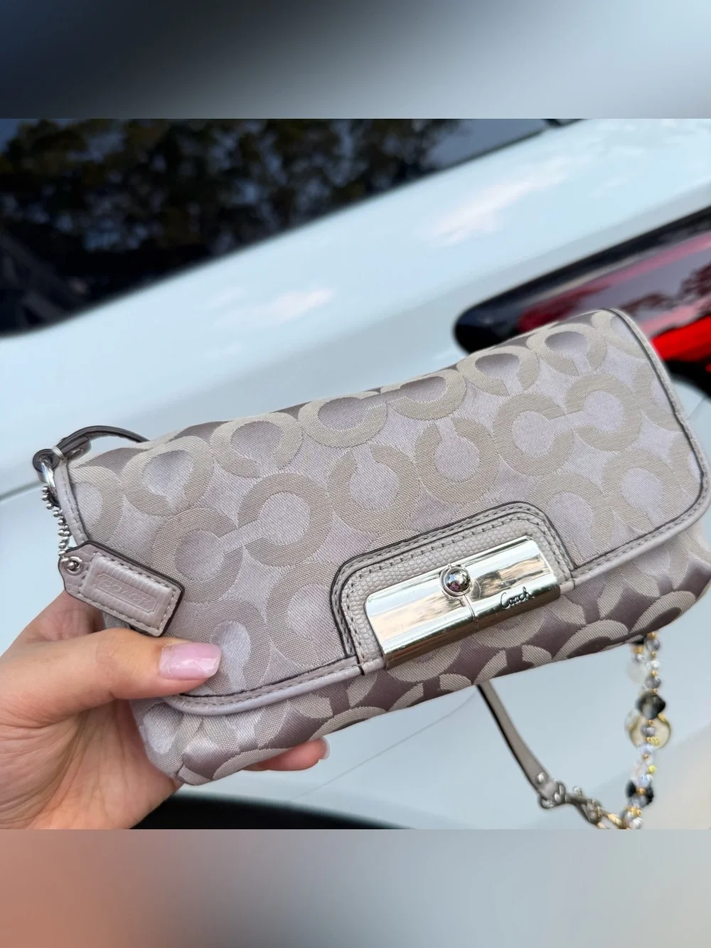 Coach Taupe Signature Jacquard Shoulder Bag with Beaded Strap Accent